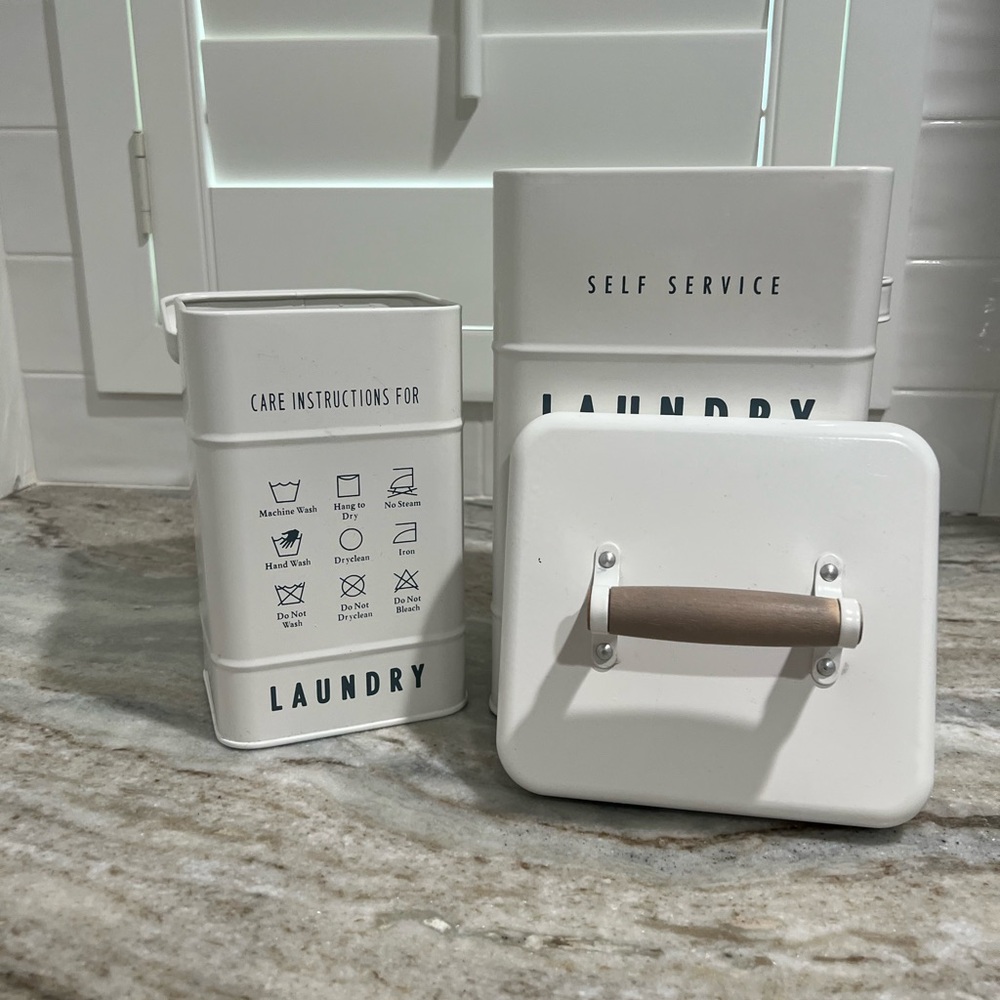 Vintage-Inspired White Laundry Canister Set with Navy Lettering - Picture 9 of 9